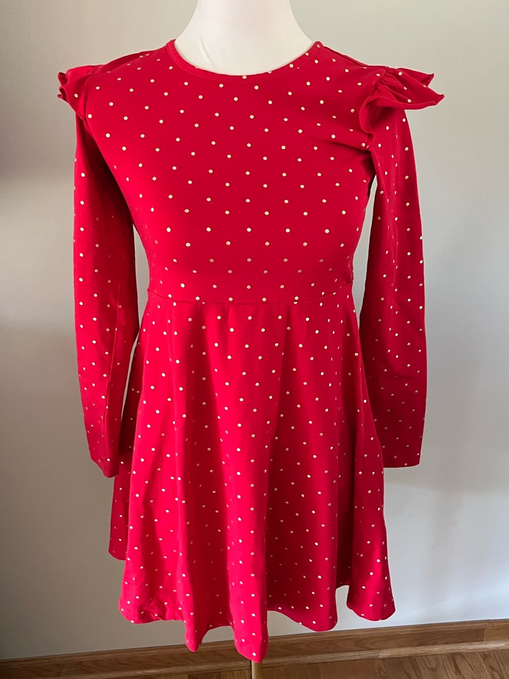 Hanna Andersson Long Sleeve Red Dress Gold Polka Dots Size 150cm =US 12